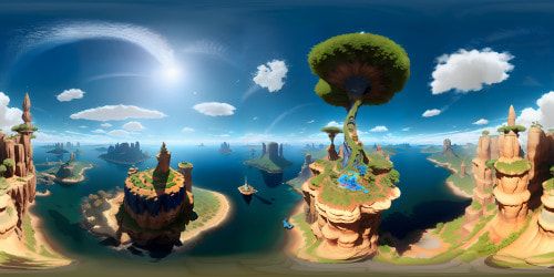 Monumental marble statues, ultra high res textures, VR360. Extravagant golden trim detailing, mixed fine art and digital painting aesthetic. Sunlit, cobalt blue sky, fluffy clouds. VR360 panoramic view of baroque architecture.