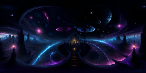 Ultra-high resolution VR360, masterpiece-level, pitch-black cosmic vista. Majestic nebulae, complex constellation patterns, shimmering stardust, vibrant galaxies at a distance. Style: Gothic art, stark contrasts, hints of dark fantasy. VR360, pure black background, enhancing celestial bodies.