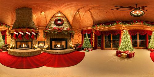An impeccably adorned log cabin interior for Christmas, illuminated by a plethora of twinkling lights, luxurious red velvet bows, and a crackling fireplace casting a warm glow on elaborate pine garlands and sparkling ornaments, all showcased in flawless ultra-high resolution, a true masterpiece of holiday opulence.