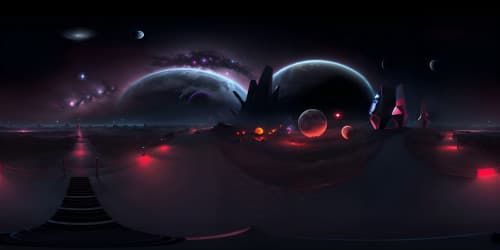 Monumental masterpiece, extreme high-resolution VR360, moonlit night, star-sprinkled vastness, nebulous clusters, shimmers of cosmic dust, cosmic rays painting surreal art