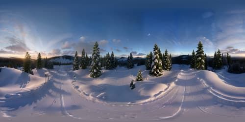 Masterpiece quality, ultra-high-res VR360. Sweeping mountain vista, delicate snowflakes on evergreens. ORM digital painting style, hyper-realistic textures, immersive VR360 nature immersion. Refined, light-infused colour palette, ethereal sky hues, crystalline winter sunset.