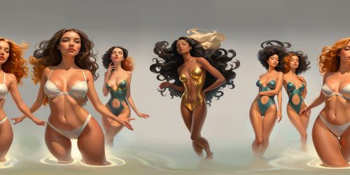 In an ultra-high resolution VR360 masterpiece, multiple models stand in a captivating line-up, showcasing supple skin details and captivating curves under soft, magazine-inspired lighting that illuminates their full figures with a proud glow, immersing viewers in an exploration of idealized shapes and forms. This scene radiates full-bodied elegance and meticulous attention to detail, designed to be a profound and stunning artistic experience.