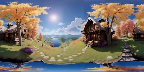 cabin on a hill over looking a field of colorful flowers and distant lake with autumn leaves at night skyview
