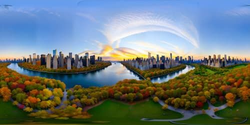 VR360 ultra-high resolution, masterful depiction, fall colors skyview over Central Park at night, NYC skyscrapers skyline contrasting, vibrant autumnal hues, VR360 immersive panoramic display, precision detailing.