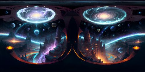 VR360: Masterpiece quality, ultra-high resolution. Swirling stargate, a gateway to the universe, nebulous clouds, vibrant pulsars. Shimmering cosmic array, interstellar landscape. VR360: Stylized reality, digital painting aesthetic, luminous celestial bodies, intricate, immersive cosmos.
