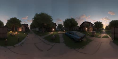 post apocalyptic city ruins at night with bon fires and lanterns in the distance and stars in the sky skyview