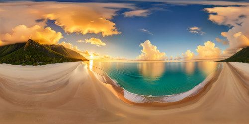 A pristine and immaculate Golden Beach at golden hour, shimmering crystal clear waters, fine golden sand under a pastel sky, where the sun sets in a blaze of warm hues over the calm, flawless horizon.