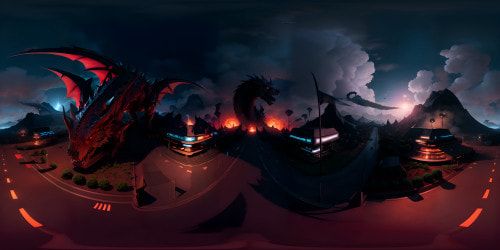VR360 epic battleground, molten lava flows, five distinct hero silhouettes, towering dragon shrouded in volcanic smoke. Anime-inspired style, vibrant color palette, ultra high res. VR360 viewing of masterpiece scene, pristine detailing of each hero, dragon scales. Pixel-perfect finish, dynamic poses, awe-inspiring, fiery ambience.