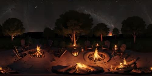 camp fire in woods surrounded by fire flys  on a stary night