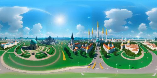 Masterpiece quality, VR360 scene of Vienna's architectural skyline. Baroque edifices, neo-gothic spires, prominent ferris wheel in the Prater. VR360 panorama, ultra-high resolution, imbued with Pixar-style vibrant colors.