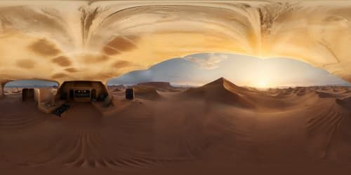 VR360, barren, sand-strewn canvas, omnipresent tan grains texture, oversized pristine cloak-imagery, weathered boots, understated knife accessory. Elemental desert aesthetics, VR360, masterpiece quality, ultra-high resolution, unobstructed panorama.