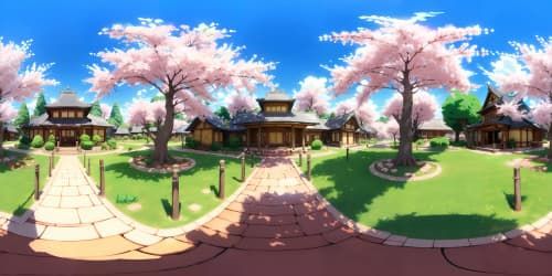 VR360 Naruto universe, towering Hokage Monument, deep azure skies, colossal cherry blossom trees, anime-style, vibrant colors, subtle shading, masterpiece-level details, ultra-high resolution.