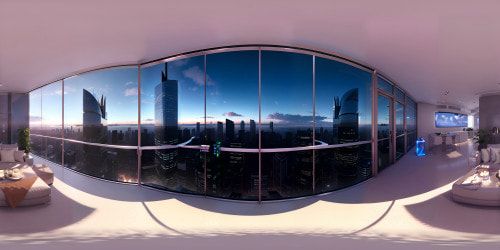 Net York high rise, sleek exteriors, ivory towers piercing azure skies. VR360 view, sparkling cityscape below, skyline dissolving into sunset hues. Ultra high-res, modern luxury interior, minimalist aesthetic, glass walls, reflective surfaces. VR360 perspective, unparalleled city glow at night. Style: Digital realism.