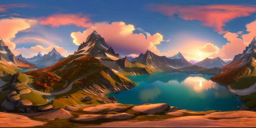 Masterpiece quality ultra-high res VR360 scene hidden lake nestled in enchanted mountains floating wyverns dotting the horizon Radiant sunset colors bleeding into the sky pastel clouds caught in the light VR360 panoramic view wyverns highlighted against the iridescent backdrop Realm of fantasy art the juxtaposition of ethereal mountain peaks tranquil lake majestic wyverns