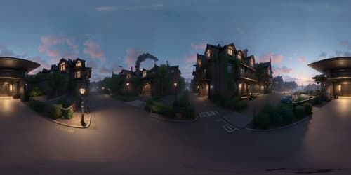 VR360, ultra HD, Dishonored inspired cityscape, twisted rooftops, grim brickwork, ornate detailing, sweeping fog, captivating twilight hues in VR360. Masterpiece quality, pronounced textures, exquisite detail fidelity.