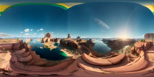 VR360, ultra-high resolution, Lake Powell panorama, realistic style, mirror-like water reflections, stratified rock formations, sunset-colored sky, floating cotton-candy clouds, VR360, top-quality digital painting