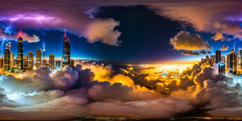 Majestic futuristic cityscape under a star-strewn night sky, illuminated by neon lights, towering skyscrapers amidst swirling storm clouds, all rendered in flawless 4K Ultra HD resolution, a breathtaking visual masterpiece.