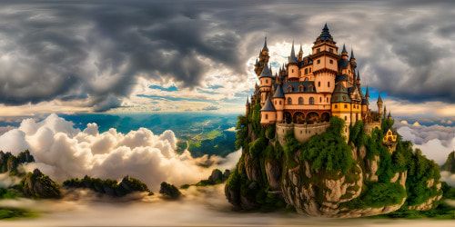An exquisite, intricately designed flying castle amidst dynamic skies, inspired by Studio Ghibli's artistry, with whimsical architecture, swirling clouds, magical waterfalls, and lush floating gardens in stunning ultra-high resolution detail.