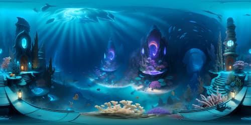 Masterpiece quality, ultra-high resolution, VR360 undersea Atlantis. Stylized Pixar-like coral architecture, immense sunken statues, bioluminescent marine flora contrasting vibrant azure depths. Concentrate on foreground detailing for the VR360 view with precision, ensuring expansive, panoramic underwater vistas.