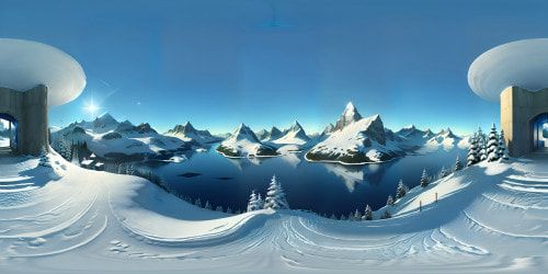 VR360 ultra high-resolution masterpiece, snow-dusted mountain tops, winter sunlight reflection on icy peaks, alpine lodge balcony view perspective. Cedar wood railings, frosty pine trees near and far. VR360 Scandinavian minimalist style, soft pastel wintery hues, contrast-heavy digital painting.