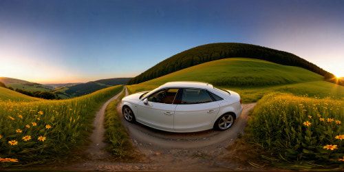 A flawless Audi gracefully cruises through a sun-drenched countryside, enveloped by verdant rolling hills, vibrant wildflowers, bathed under a flawless azure sky, a high-resolution masterpiece immortalizing the serene idyllic setting.