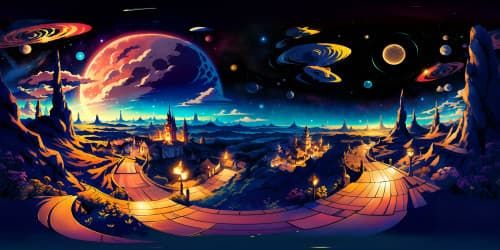 Masterpiece quality, ultra-high resolution, VR360 space scenes. Universe's grandeur, nebulae in vibrant hues, glimmering stars, intricate cosmic patterns. Galaxies swirling, visually striking. Stardust trails, celestial bodies. Infinity's beauty, in Pixel-art style, woven intricately for VR360 view.