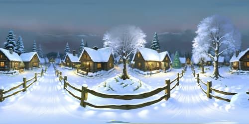 Ultra-high-res Christmas village, ten quaint cottages, snow-topped roofs, quaint arch bridge over rippling stream. Pine trees, Christmas decorations near cottages. Nighttime allure, warmly lit street, vintage street lamps. Clear nighttime VR360 sky.