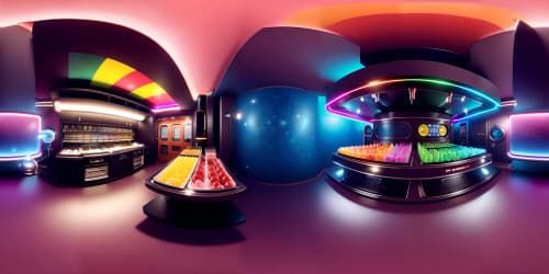 Ultra high-res masterpiece, right side featuring prominent Chocolate machine. Left side with vibrant, unpredictable multicolored juice fountain. VR360 scene of floating chocolate bars against the sky, hint of pink bowler hat, tailored suit details. No humans. Pixar-style.