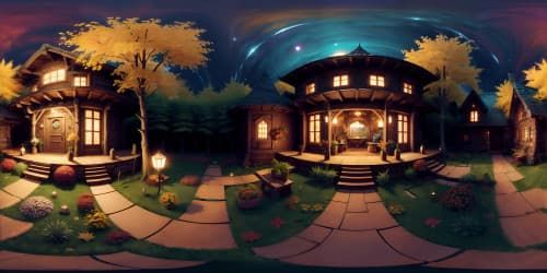 cabin on a hill over looking a field of colorful flowers and autumn leaves at night