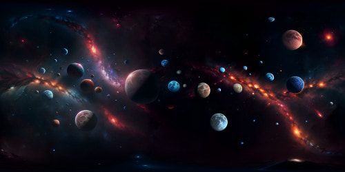 VR360 focus on black, red nebulae, surreal art style, masterwork precision. Ultra-high resolution, VR360 celestial bodies against dark space, streaks of red cosmic dust. Stardust clusters, red-black balance, intricate detailing.