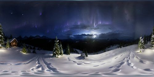VR360 masterpiece ultra high-res. ultrarealistic nighttime snow dusted mountain overlook.  forest valley panorama. dark starry night sky with northern lights. remote wilderness. moon behind the mountain range in the distance.
