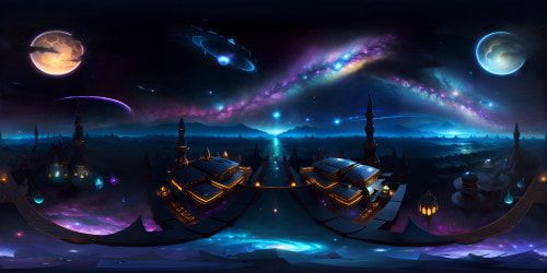 Galaxy world extravaganza, VR360 view - nebulae clusters, swirling star systems, gleaming celestial bodies. Ultra high res, showcase of cosmos wonders. Captivate with VR360 Milky Way panorama. Masterpiece, art style - digital hyperrealism, vibrant hues, glittering galactic dust, sublime starlight glows.