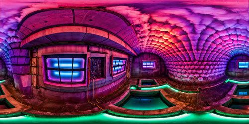 An underground cyberpunk chamber glows with neon pink and purple lights, showcasing intricate circuit patterns on sleek, reflective surfaces in ultra-high resolution.