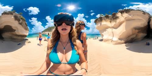 WOMEN AT THE BEACH WEARING SWIMSUITS 
