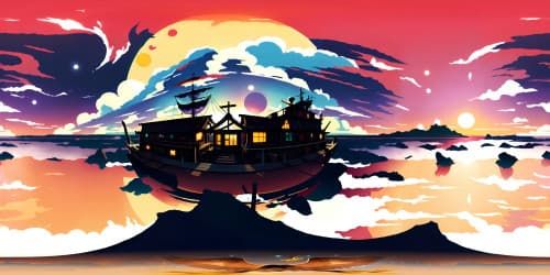 Ultra-high-resolution VR360 view, One Piece inspired, grand pirate ship silhouettes against sunset, vibrant graffiti of devil's fruit on sky canvas, floating sea kings in distant horizon, masterpiece pirate world immersion.