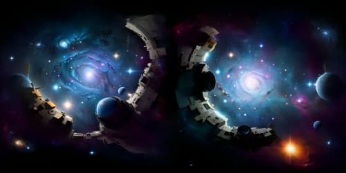 a father and a daughter floating in the space wearing space suits, surrounded by beautiful nebula 