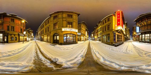 snow street and old time city at night