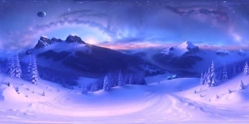 snow capped mountain top during a blizzard at night with distant evergreen trees
