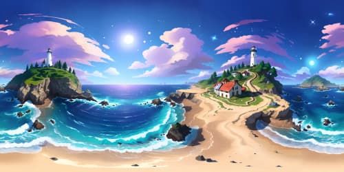 lighthouse on tiny island surrounded by deep blue sea with crashing waves at night with clear sky and shooting stars viewed from the sky