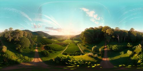 Masterpiece quality, ultra-high-res VR360 panorama, spectrum of vibrant greens, hints of cerulean blue and sun-kissed oranges. Lush field bathed in golden hour glow, sun sinking into horizon. Nature's grandeur, painterly style for VR360 immersion.