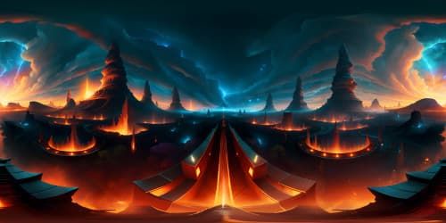Masterpiece VR360 hellscape, ultra-high-res, layered 3D detailing, scorched earth, molten lava rivers, infernal skies, demonic spires, luminescent obsidian shards. Style: sinister fantasy art, shadowy contrasts, oppressive atmosphere.