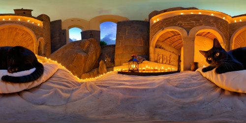 fantasy world setting, highly detailed image, cat girl sex slave laying in bed, topless with realistic breasts, scenic candlelight