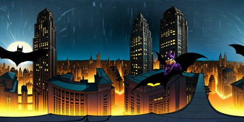In a meticulously detailed Gotham City nightscape, the iconic Bat-Signal pierces the dark sky, casting a dramatic glow over towering skyscrapers and glistening rain-soaked streets.