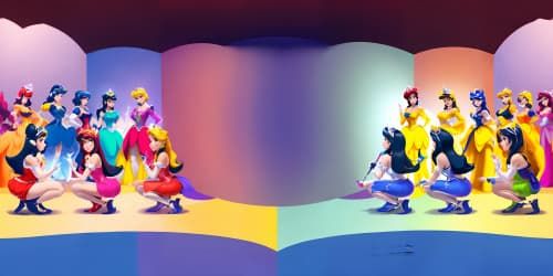disney princesses wearing tiaras, squatting