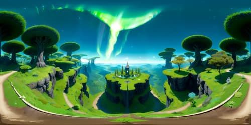 VR360 masterpiece, ultra-high resolution, verdant expanses. Emerald meadows sweeping VR360 vistas, light dappled foliage, moss-laden ancient trees, jade-green effulgent auroras.