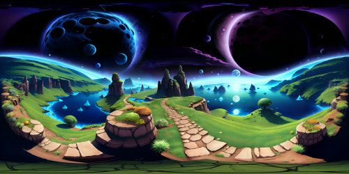 Masterpiece moon, VR360 ultra HD, detailed lunar craters, radiant moonlight. Full-moon centrepiece, starry skybox backdrop. Fantasy-style VR360, intricate details, luminous celestial bodies, milky way streaks.