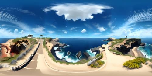 Ultra high-resolution VR360 panorama, cliff-side dwelling over azure ocean. Elegant masterpiece, realistic yet surreal art style. Crashing waves on rocks, cliff-edge lighthouse, sun-bleached wooden panels of the home. Enhanced depth, immersive VR360 view.