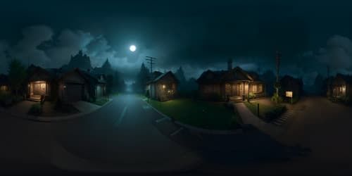 Ultra high-resolution VR360, masterpiece of Silent Hill inspired ambiance, misty landscapes, thick fog, decaying structures, ominous sky overrun by dark clouds. Style: photo-realistic with a touch of horror, eerie glow from the moon. 