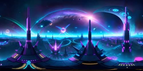scifi city lit up with coloured neon lights space ships fly over head