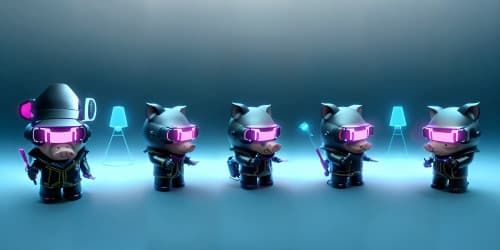 five pigs wearing derby hats and vr glasses eating ham sandwiches tech noir